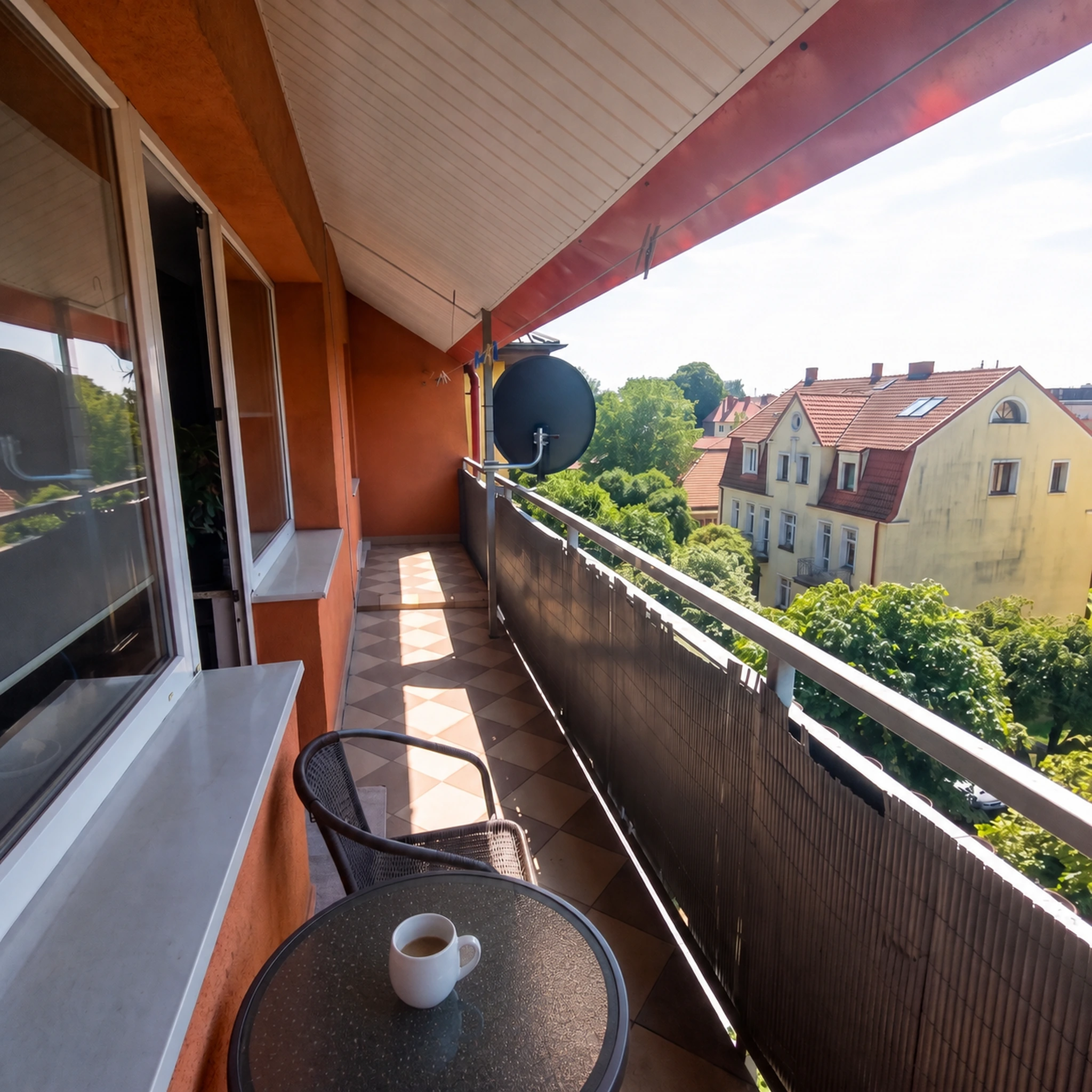 Duży balkon z widokiem na zieleń, stolikiem i kawą