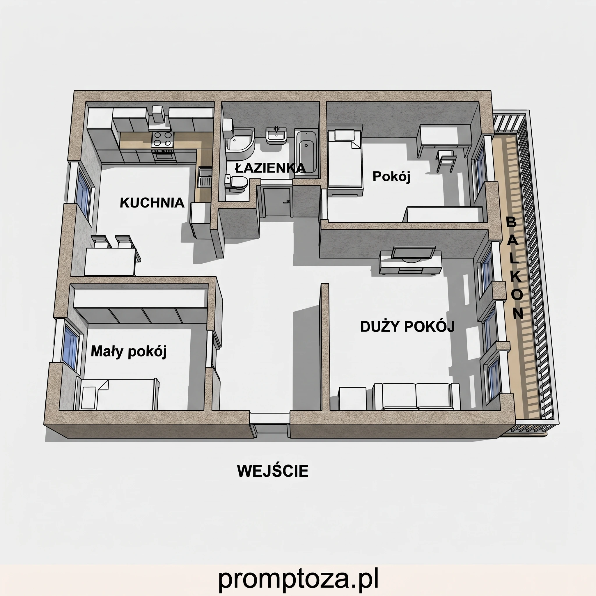 Rzut 3D mieszkania z oznaczeniem kuchni, łazienki, pokoi, balkonu i wejścia